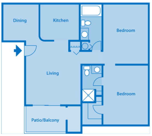 Floor plan for 2 beds, 2 baths, 819 sqft